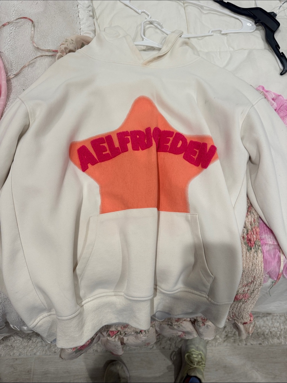 Aelfric Eden Cream Hoodie with Orange Star and Pink Logo